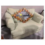 GREEN UPHOLSTERED LOVESEAT, MIRROR
