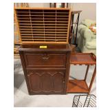 CARVED WOOD CABINET, WOODEN END TABLE, WOODEN