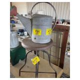 GALVANIZED WATERING CAN, ANTIQUE STOOL