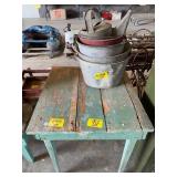 GREEN PRIMITIVE WOODEN TABLE, STACK OF GALVANIZED