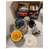 VHS TAPES, COFFEE MUGS, SALSA JAR, CHINA PLATES