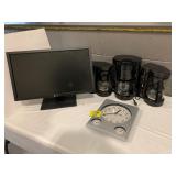 DELL MONITOR, 3 COFFEE MAKERS, WALL CLOCK