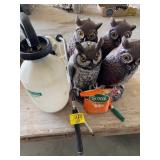 4 PLASTIC OWLS, PUMP SPRAYER, BULB FEED