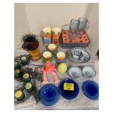 BLUE GLASS, BLUE & WHITE CHINA, TEACUPS & FLOWER