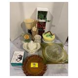 AMBER GLASS ASHTRAY, PRESSED GLASS, DESKTOP