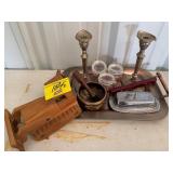 WOODEN DOZER, CANDLE HOLDERS, METAL TRAY, BRASS
