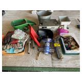 GARDEN GLOVES, SEEDER, ACID BATTERY, TUB OF