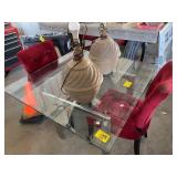 GLASS-TOP TABLE, PAIR OF UPHOLSTERED CHAIRS, 2