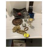 Dï¿½COR BASKET, CANDLE HOLDERS, BOX OF VINYL