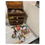 WOODEN DOLL CHEST FULL OF SEASHELLS, KEYS, TOOLS,