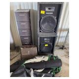 PAIR OF RADIO SHACK SPEAKERS, PLASTIC STORAGE