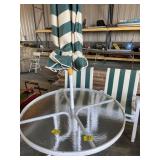 GLASS-TOP PATIO TABLE & 4 CHAIRS, UMBRELLA