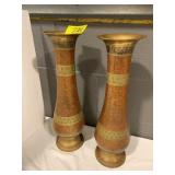PAIR OF LARGE ETCHED BRASS VASES