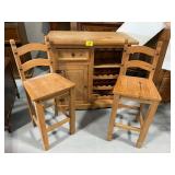 WOODEN WINE BAR W/ PAIR OF MATCHING STOOLS