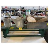 GREEN PAINTED PRIMITIVE BENCH, CLOCK FACE,