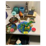 PAINTED WOOD BOWLS, CANDLE HOLDERS, BOOKS, GLOVES