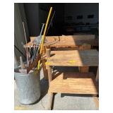 HANDMADE WOODEN WORK BENCH & SHELVES, CAN FULL OF