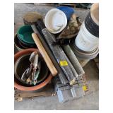 BUCKETS, CHICKEN WIRE, PLASTIC PLANTER POTS, WEED