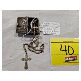 ANTIQUE SILVER PLATED CATHOLIC ROSARY AND BIBLE.