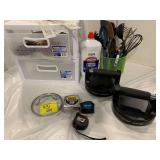 TAPE MEASURERS, DRAWER FULL OF POWER CORDS,