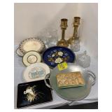 PAIR OF BRASS CANDLESTICKS, SALT CELLAR SET, DUCK