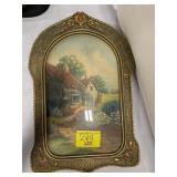 ANTIQUE BUBBLE GLASS COTTAGE SCENE PICTURE
