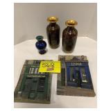 3 BRASS ASIAN STYLE VASES, 2 RESIN BUILDING