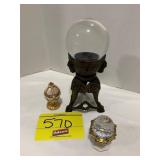 SMALL CRYSTAL BALL ON STAND, 2 ORNATE EGG TRINKET