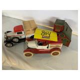 TIN CHURCH BANK, 2 DIECAST TRUCK BANKS