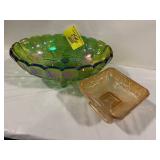 GREEN CARNIVAL GLASS BOWL, CARNIVAL GLASS SQUARE