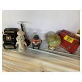 4 VINTAGE NOVELTY BANKS, DOLL STAND, DOLL TRUNK