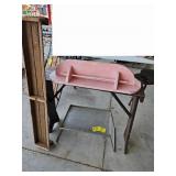 STAINLESS STEEL STOOL PIECE, WOODEN SHELVES,