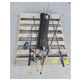 6 FISHING RODS & REELS, GUTTER GUARDS