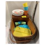 ANTIQUE PICNIC BASKET W/ PLASTIC CHINA