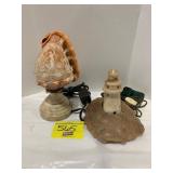 ANTIQUE CARVED SEASHELL LAMP, MARBLE LIGHTHOUSE