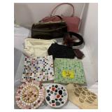 MCM TILE TRIVETS & DISHES, LADIES PURSES, BEADED