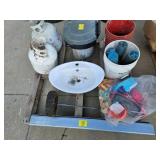 2 PROPANE TANKS, SINK, OILY CHAIN IN BUCKET,