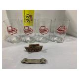 4 FALSTAFF BEER GLASSES, 2 BOTTLE OPENERS