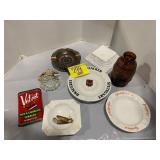 ASHTRAYS, MILK GLASS DISH, BARREL BEER BOTTLE,