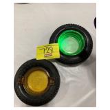 AMBER FIRESTONE GLASS TIRE ASHTRAY, GLOWING GREEN