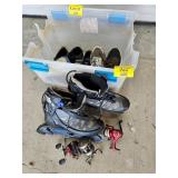 TUB OF TENNIS SHOES, ROLLER BLADES, 3 FISHING