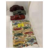 3 ANTIQUE PLASTIC PROMO CARS, SHEET OF DIECAST