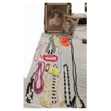 VINTAGE COSTUME NECKLACES, LARIAT, AND FRAMED