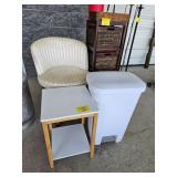 BASKET STORAGE, PLASTIC TRASHCAN, END TABLE,