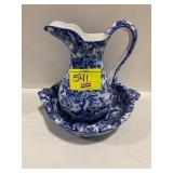 DERBY MARKED ANTIQUE BLUE & WHITE PITCHER & BASIN