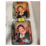 2 METAL LADY COKE TRAYS TIN LITHO