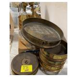 LARGE GROUP OF BRASS SEIVES & FUNNELS, SOME