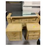 MID CENTURY WOODEN DRESSER W/ MIRROR & NIGHT