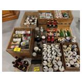 PALLET W/ 7UP CRATE, WOODEN CRATES, BEER CAN &