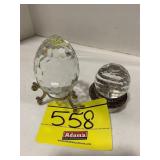 2 FACETED CRYSTAL EGG & SPHERE PAPERWEIGHTS W/